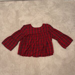 Madewell Women’s Tiered Blouse with Flare Sleeves and Button Back, Red Plaid, M